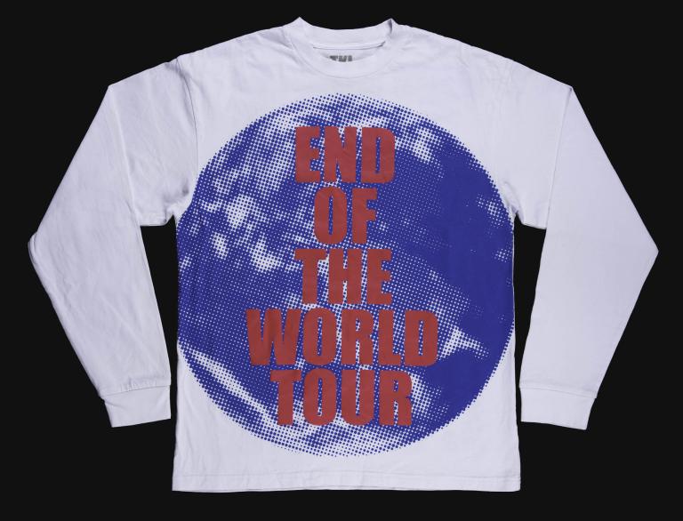 White long-sleeve t-shirt with 'End of the World Tour' printed in red over a blue halftone globe