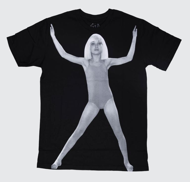 Black t-shirt featuring a dancer with arms and legs outstretched, associated with the artist Sia