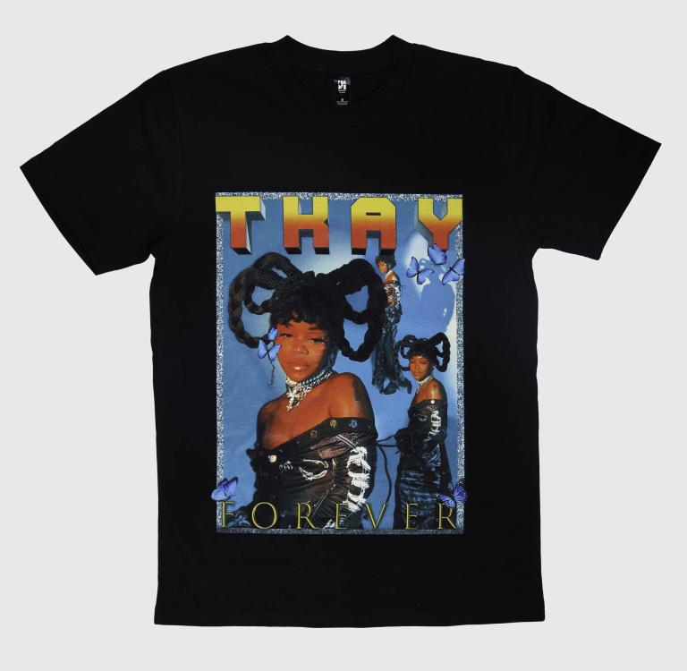 Black T-shirt featuring a vibrant graphic design with the text 'THAY Forever' and a woman in ornate attire