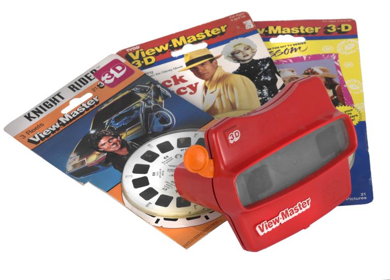 Vintage 1980s red View-Master with reels featuring Knight Rider and Dick Tracy