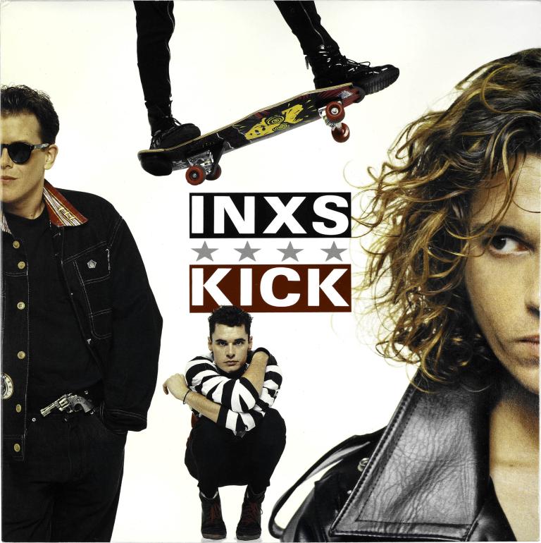 Cover art for the 1987 INXS album 'Kick' featuring band members and a skateboard
