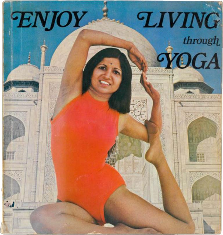 Woman in a yoga pose wearing red against the Taj Mahal backdrop on a vintage book cover