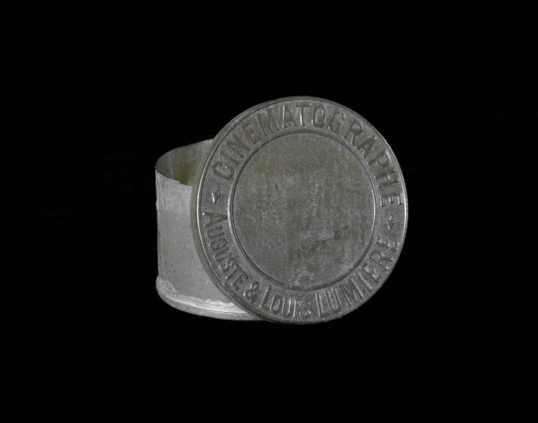 Cinematographe film canister by Auguste and Louis Lumière, embossed with their names