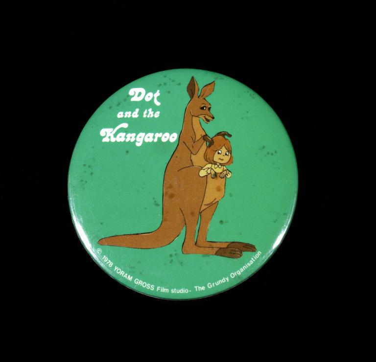 Green badge with Dot and kangaroo illustration from 1977 animated film 'Dot and the Kangaroo'