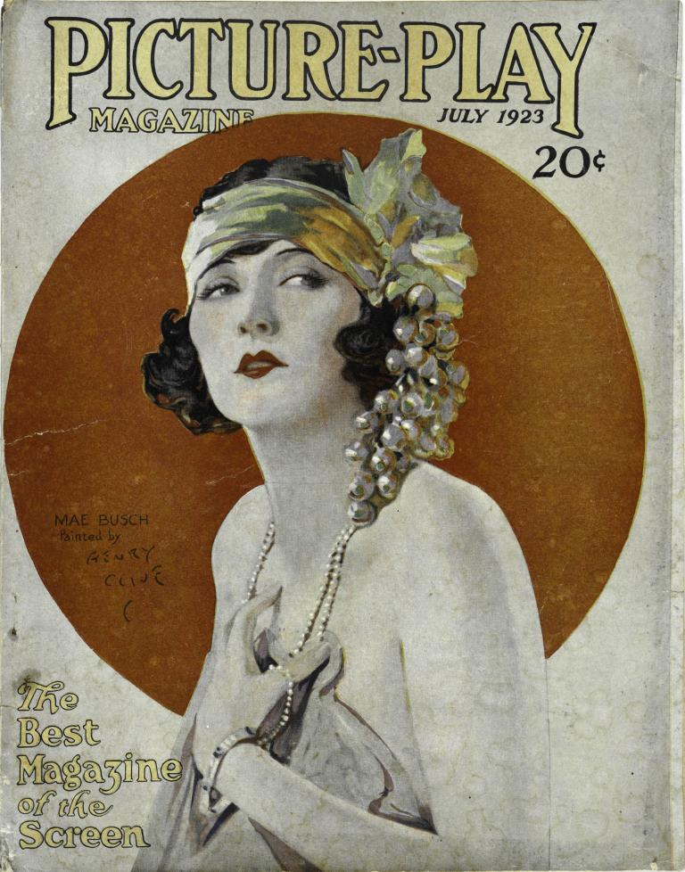 Cover illustration of Mae Busch for Picture-Play Magazine, July 1923, featuring vintage fashion and art deco style