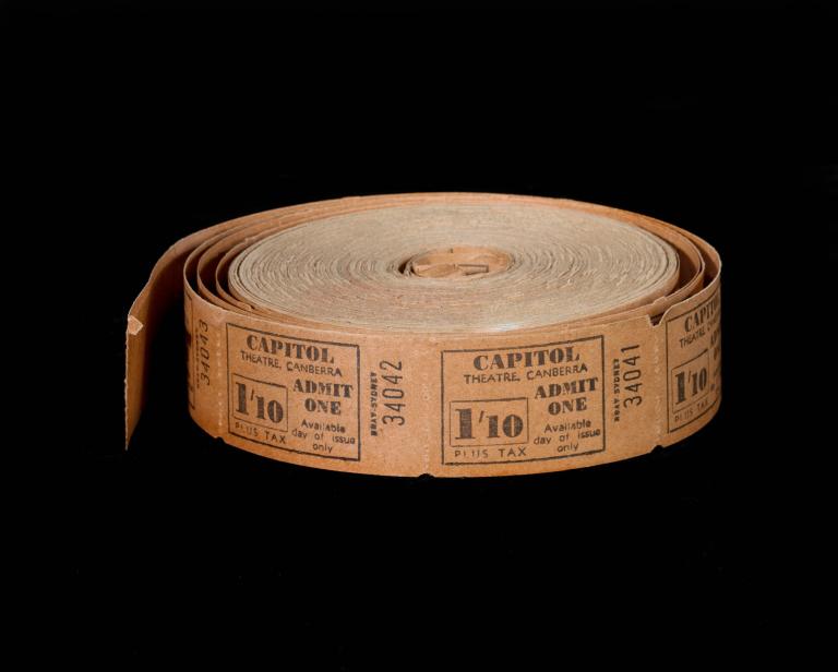 Roll of tickets for Capitol Theatre in Canberra against a black background