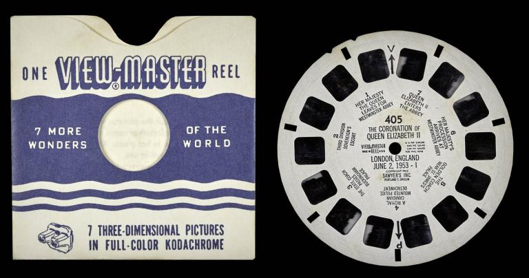View-Master reel depicting the 1953 coronation of Queen Elizabeth II with envelope reading '7 More Wonders of the World'