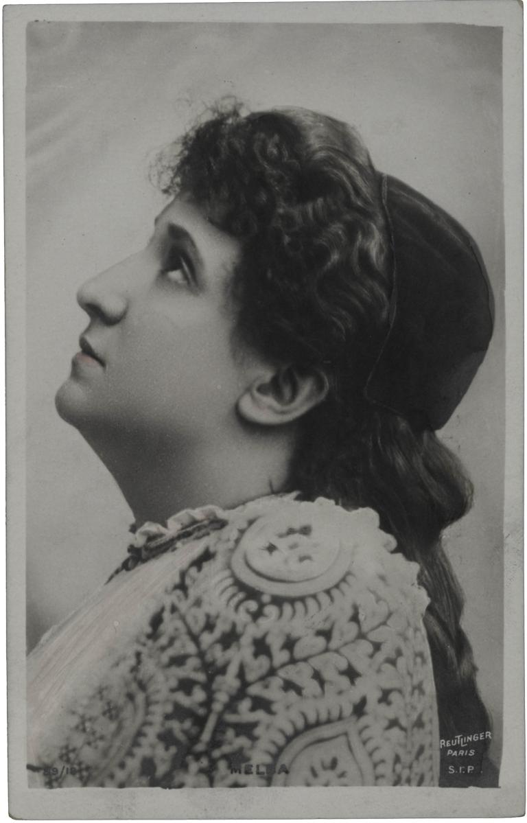 "Sepia postcard of Dame Nellie Melba as Marguerite in Faust, with ‘Reutlinger Paris’ and ‘S.I.P’ marks bottom right