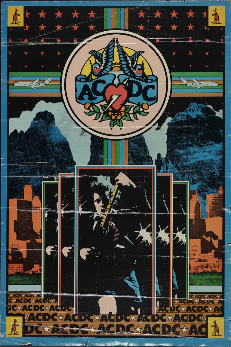 AC/DC Australia tour poster from 1975 featuring band logo and guitarist