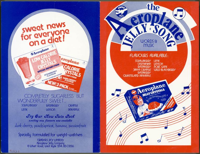 Vintage 1930s advertisement for Aeroplane Jelly, featuring low calorie jelly crystals and the jelly song