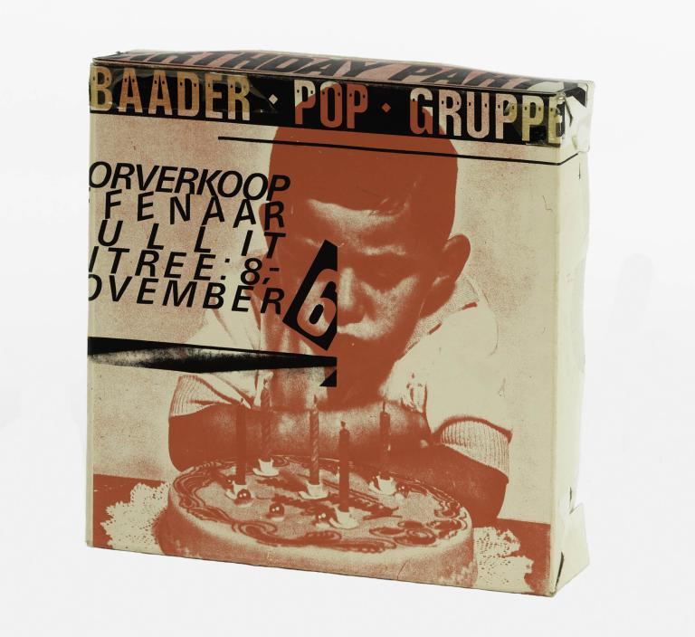Album cover design with a child looking at a birthday cake with candles, featuring text related to Baader Pop Gruppe