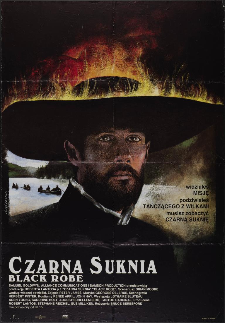 Poster showing a portrait of a man in a dark hat with flames above him, from the film Black Robe (1991)