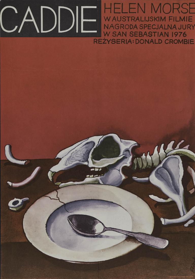 Poster featuring a surrealistic depiction of skull and bones on a table with a spoon and plate, from the 1976 Australian film Caddie
