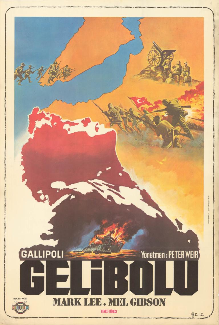 Illustrated poster showing battle scenes from the 1981 film Gallipoli, with troops advancing and a ship burning in the background