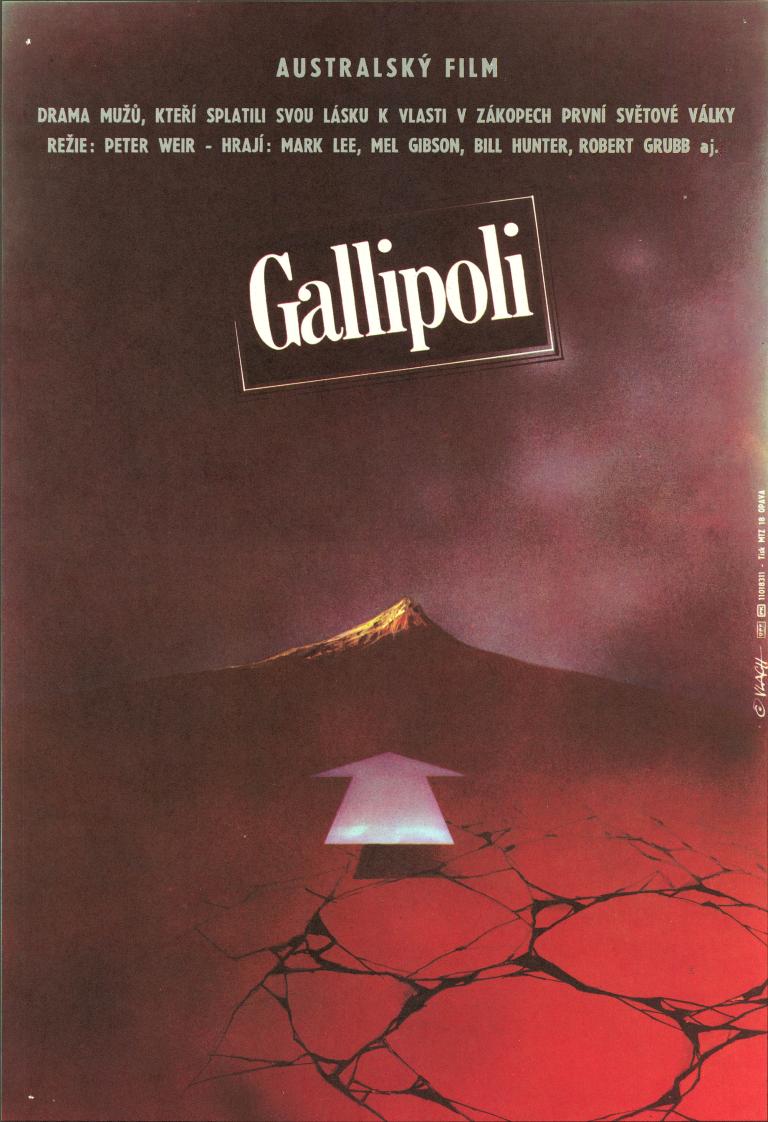 Czech poster for Gallipoli (1981) featuring a futuristic arrow and a mountainous landscape