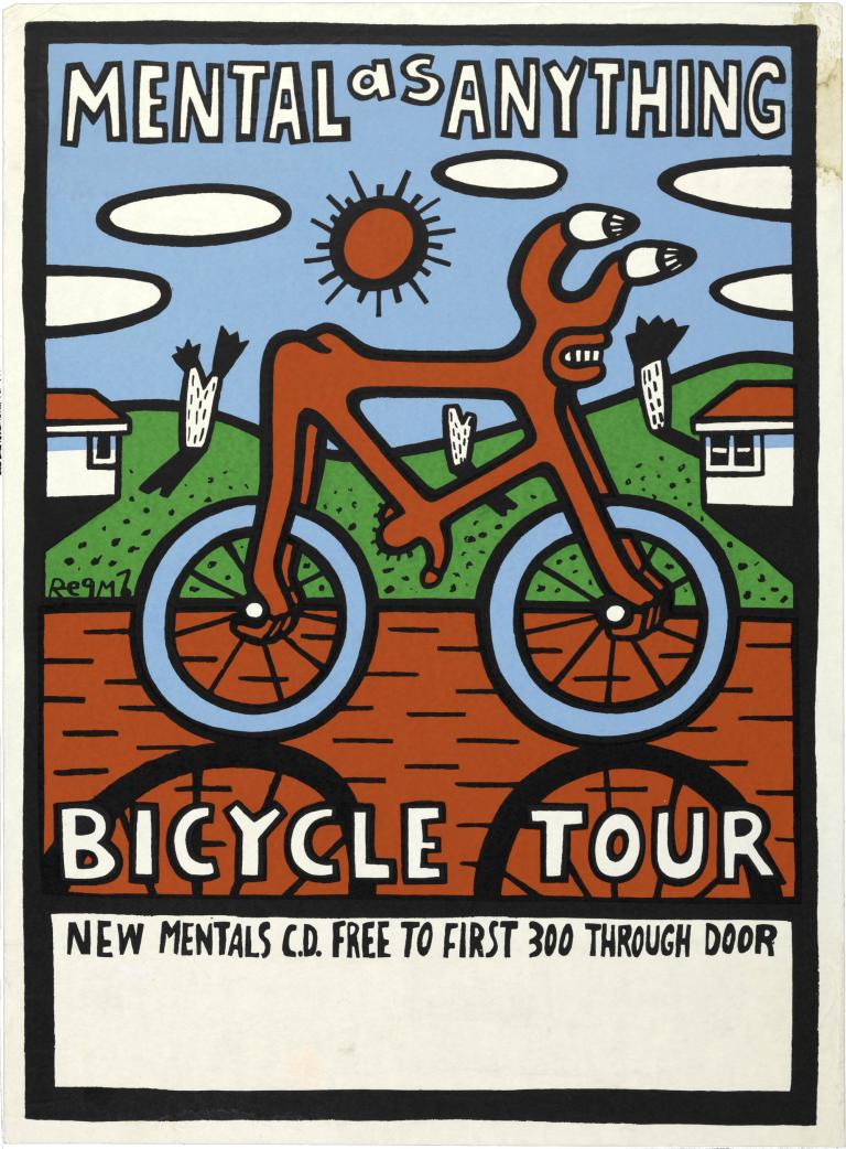Colorful poster for Mental As Anything's bicycle tour featuring abstract bicycle and sun design