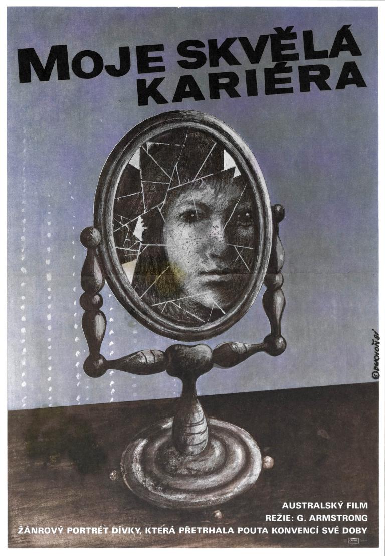 Illustrated poster for 'My Brilliant Career' with a cracked mirror reflecting a woman's face