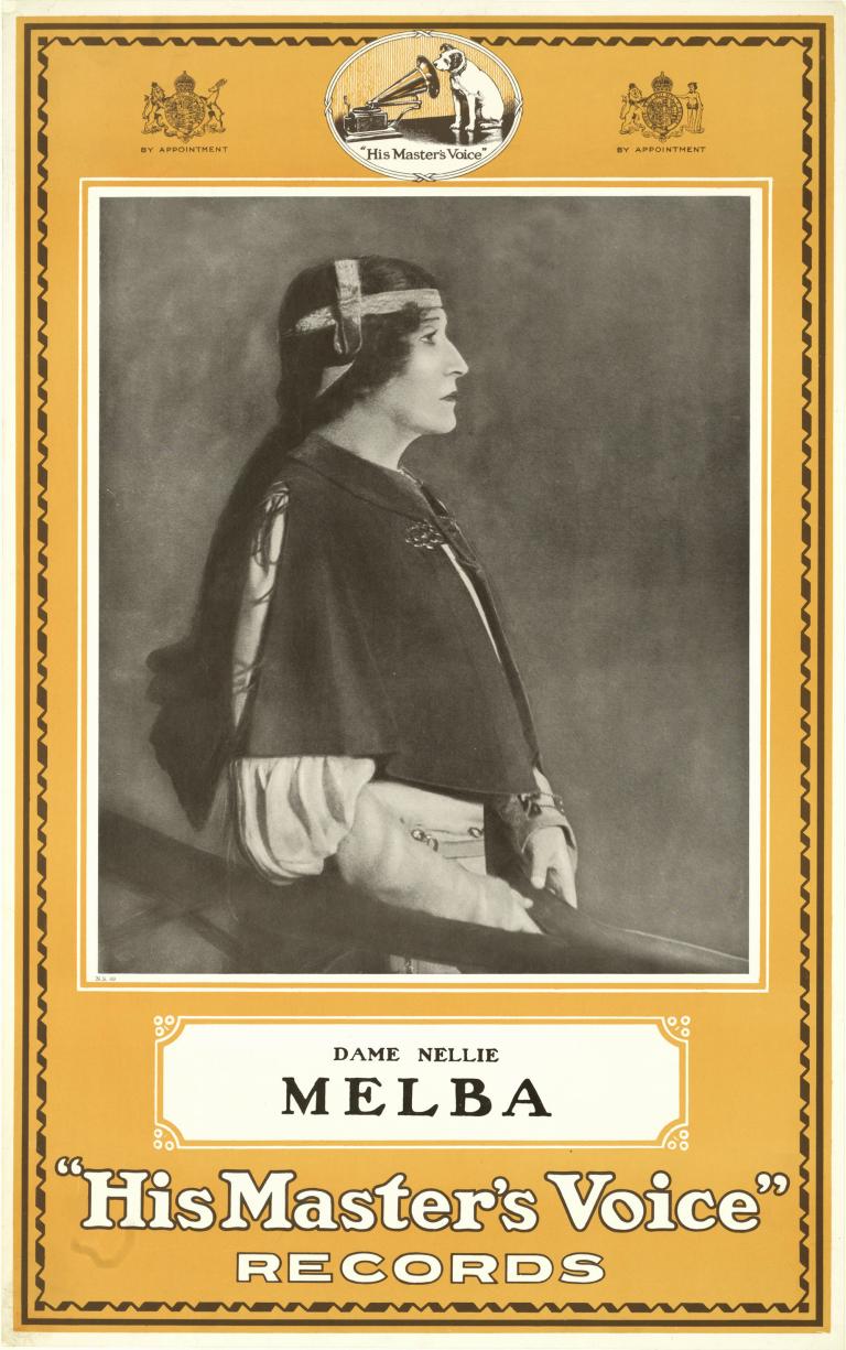 	Dame Nellie Melba in vintage 'His Master's Voice' advertisement, wearing period costume