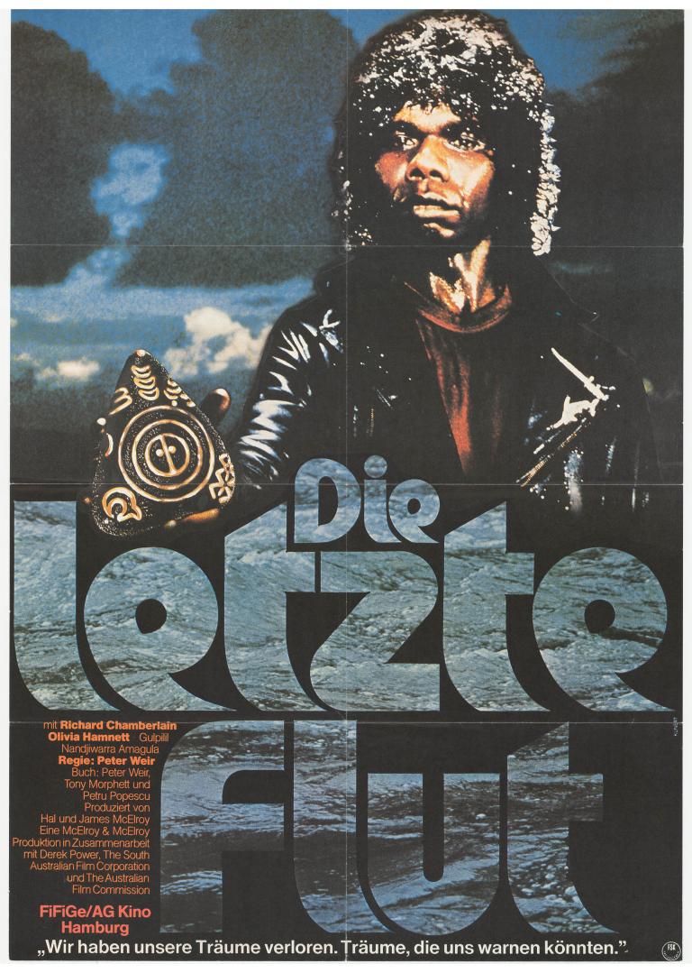 Artwork poster for the 1977 Australian film 'Die letzte flut' featuring a man holding a painted stone