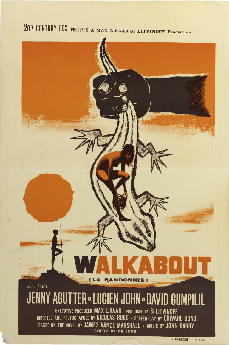 Illustrated lizard and human figures from the 1971 film 'Walkabout'