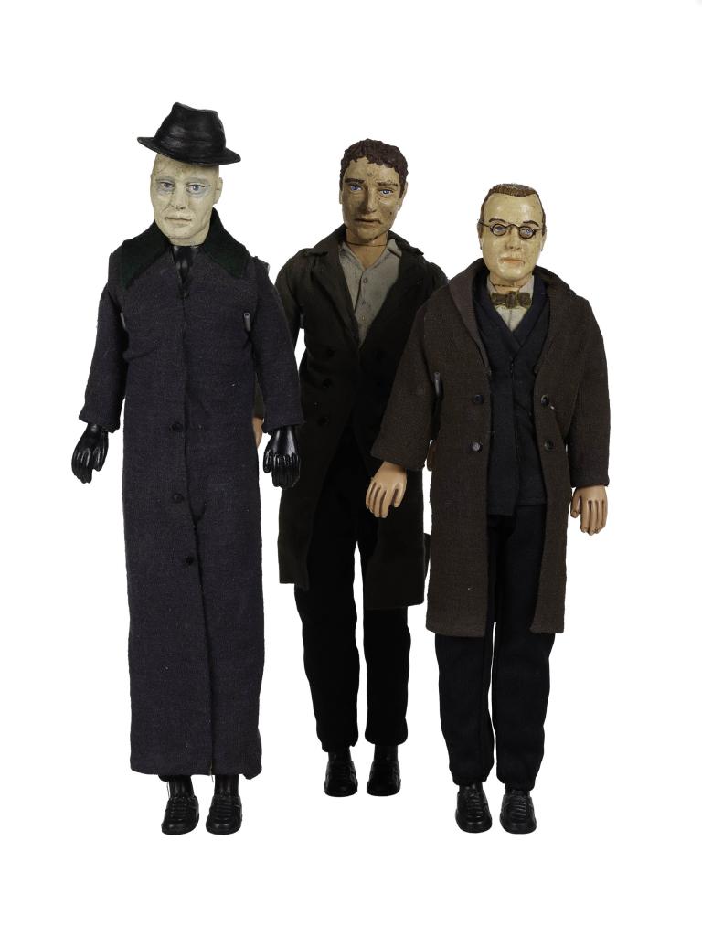 Plaster figurines from Dark City of Dr Daniel Schreber, a Stranger, and John Murdoch with hand-painted faces and costumes