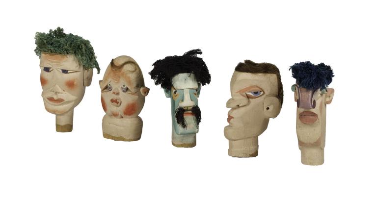 Wooden puppets from 1956 film The Magician, with exaggerated foreheads and eyes, used in Dušan Marek’s avant-garde production