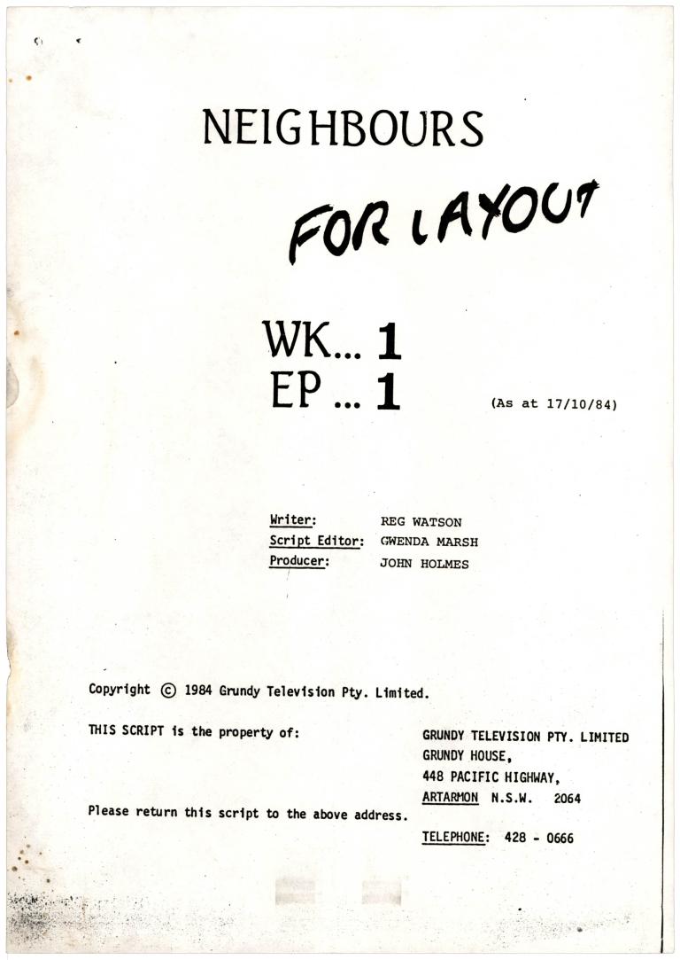 Original script page for the pilot episode of 'Neighbours' marked for layout, dated 1984