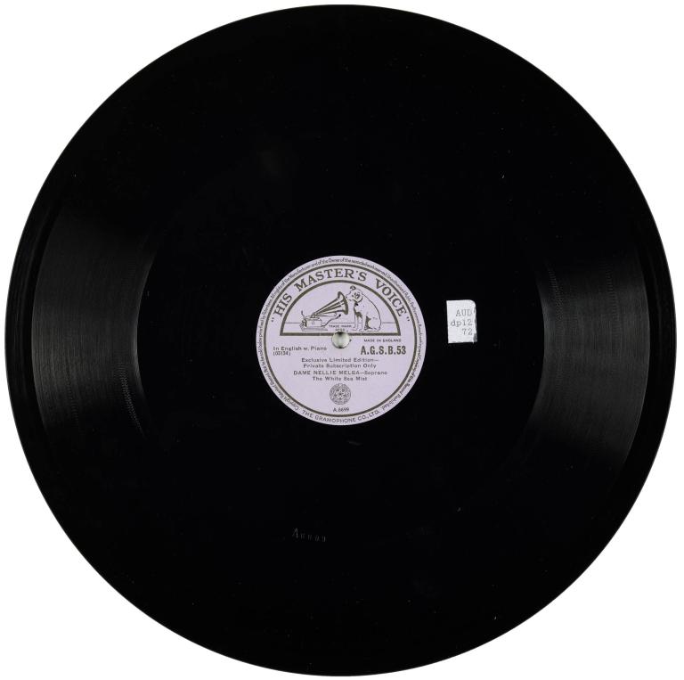 Shellac disc from 1904 with Dame Nellie Melba recordings, light purple “His Master’s Voice” label, produced by Gramophone Co. England