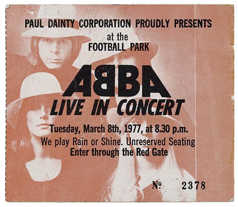 Vintage printed ticket for ABBA’s Adelaide concert on 8 March 1977, showing seating details, venue information, and promoter logos in  black text
