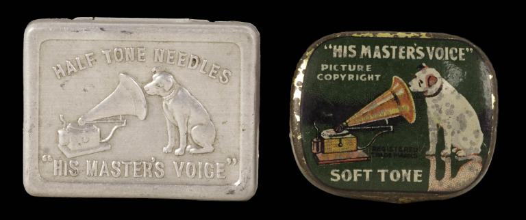 Two vintage 'His Master's Voice' needle cases, one embossed silver, the other colorfully illustrated with dog and gramophone