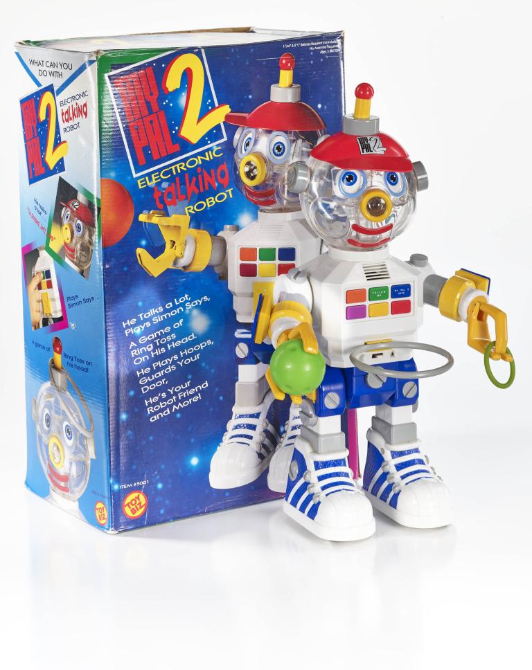 My Pal 2 electronic talking robot toy with box showing colorful design and features from the 1990s