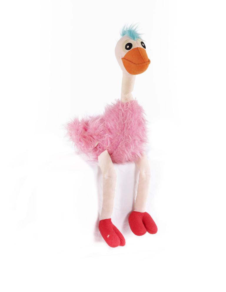 Pink feathered ostrich plush toy with orange beak and red feet, iconic character from 1990s Australian television
