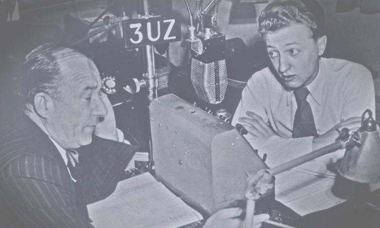 Clifford Nicholls 'Nicky' and Graham Kennedy on 3UZ Radio in Melbourne in the early 1950s