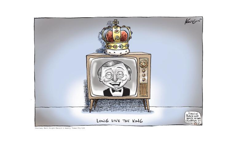 Cartoon by Mark Knight showing a television set with a crown sitting on top. Graham Kennedy is depicted on the television screen smiling. A caption reads 'Long live the King' and a thought bubble reads 'Even in black and white, he was colourful'.