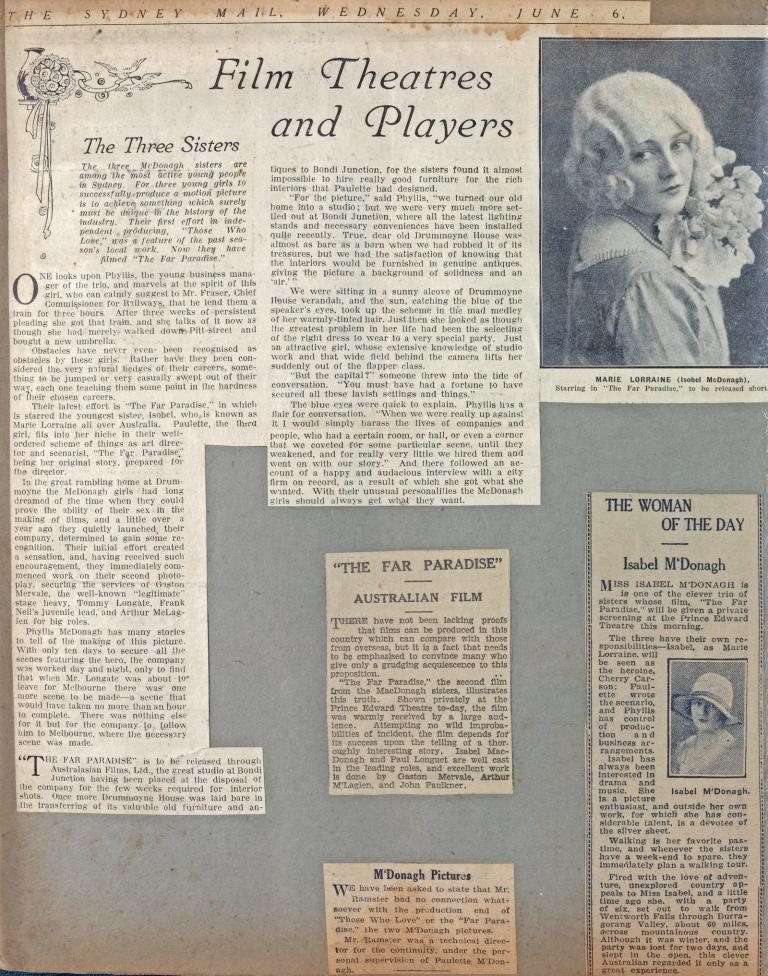 Page from an old scrapbook showing newspaper clippings from the 1920s.