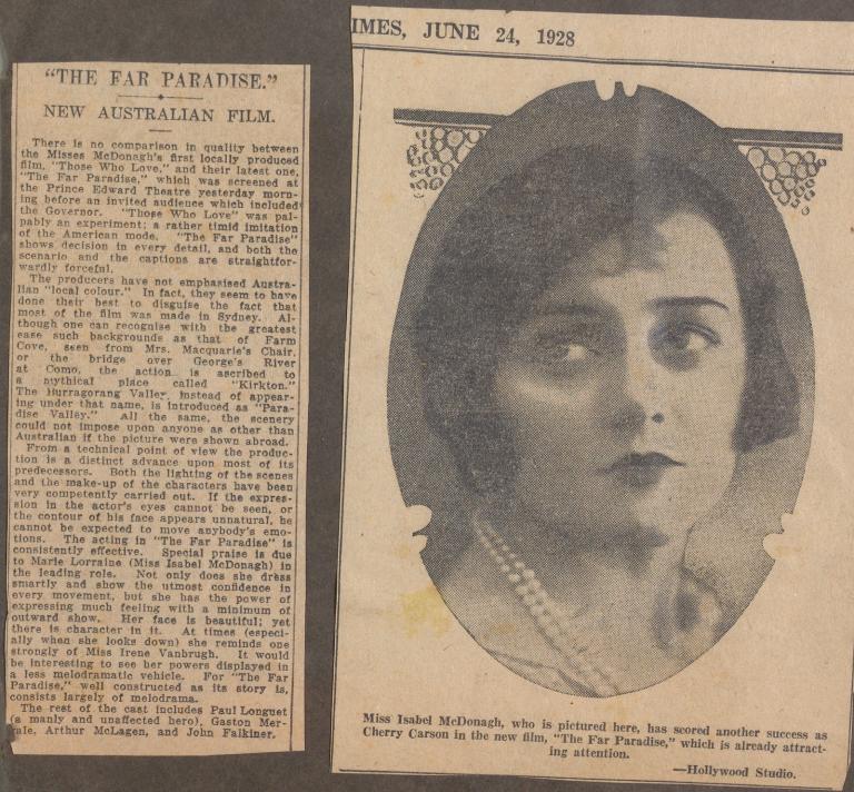 Page from an old scrapbook showing newspaper clippings from the 1920s.