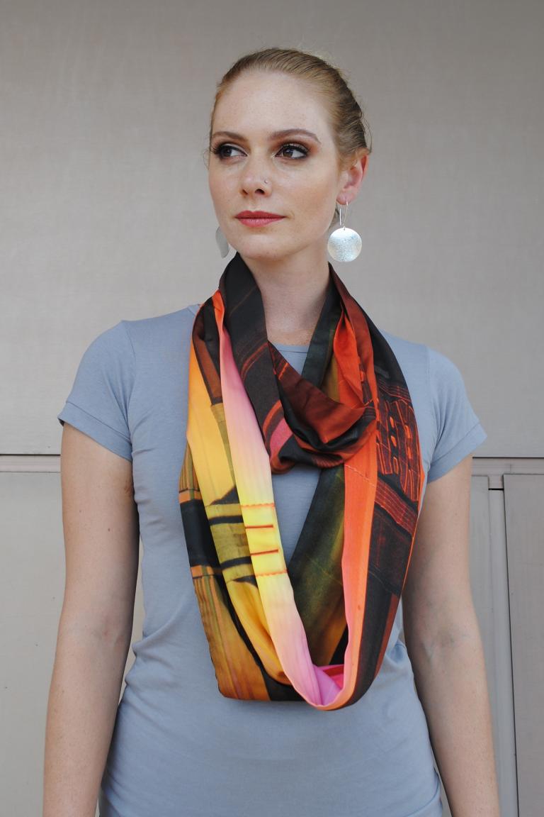 Model wearing Yumi Morrissey's NFSA building scarf