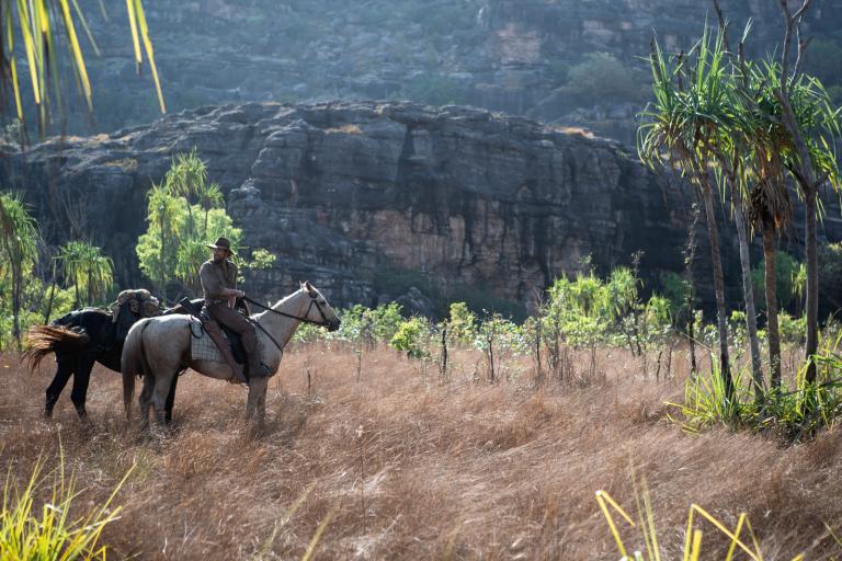 A man with two horses in the bush with a large rock formation in the background.