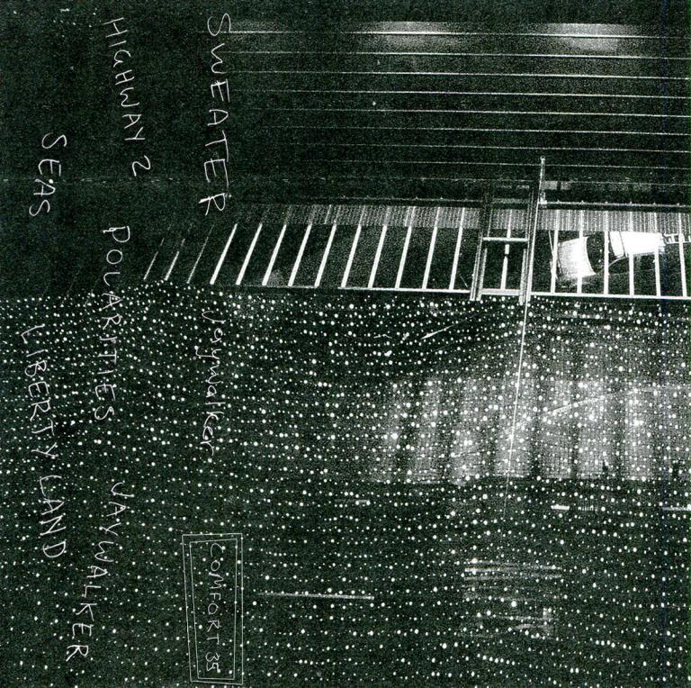Cassette cover featuring various architectural patterns and a car from above. Text reads: Sweater. Jaywalker