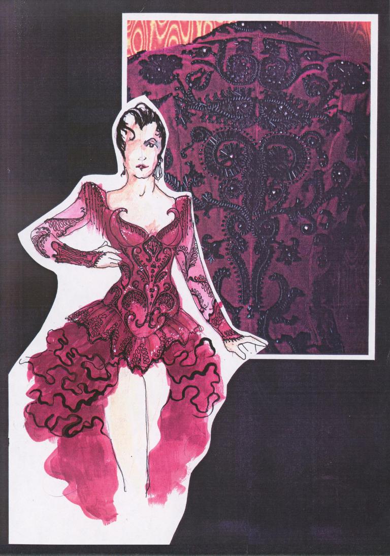 Hand drawn sketch of a Spanish style black and red dress with a ruffled skirt. 