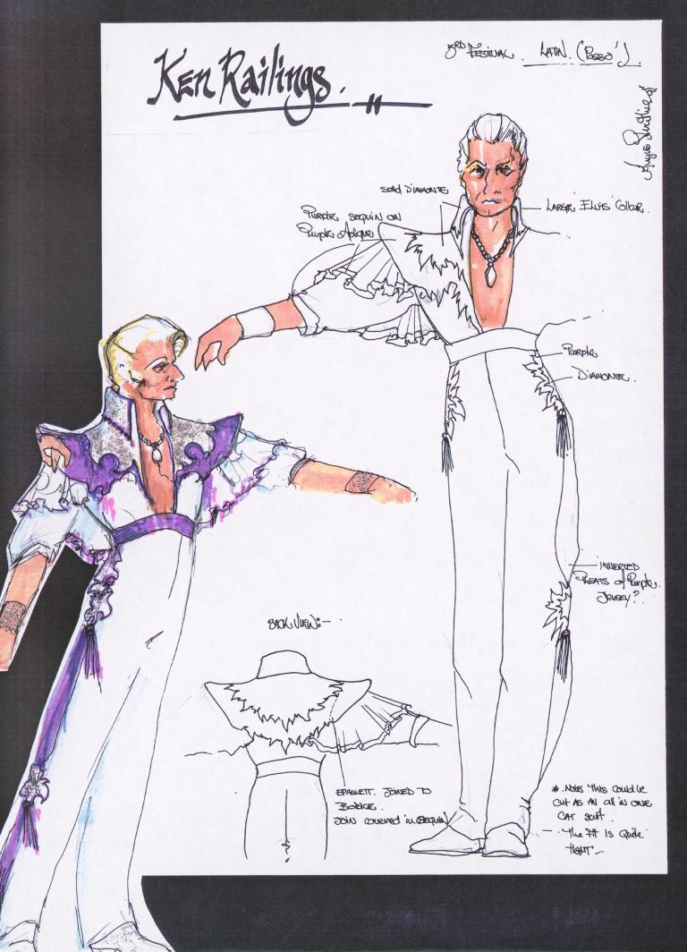 Hand drawn sketch of a purple and white men's ballroom dancing costume in a scrapbook.