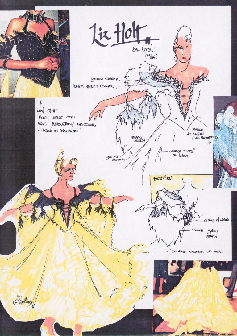 Hand drawn sketch of a women's ballroom dancing gown in a scrapbook alongside inspirational photographs of other ballroom dancing outfits.