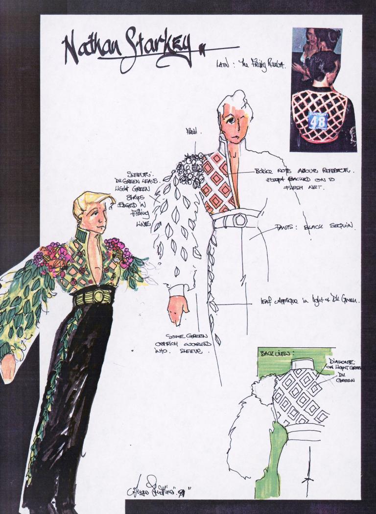 Hand drawn sketch of a men's ballroom dancing costume in a scrapbook alongside a photograph of other ballroom dancing outfits. The costume consists of tight black, high-waisted pants and a jacket covered in fruit with wide-feathery sleeves.