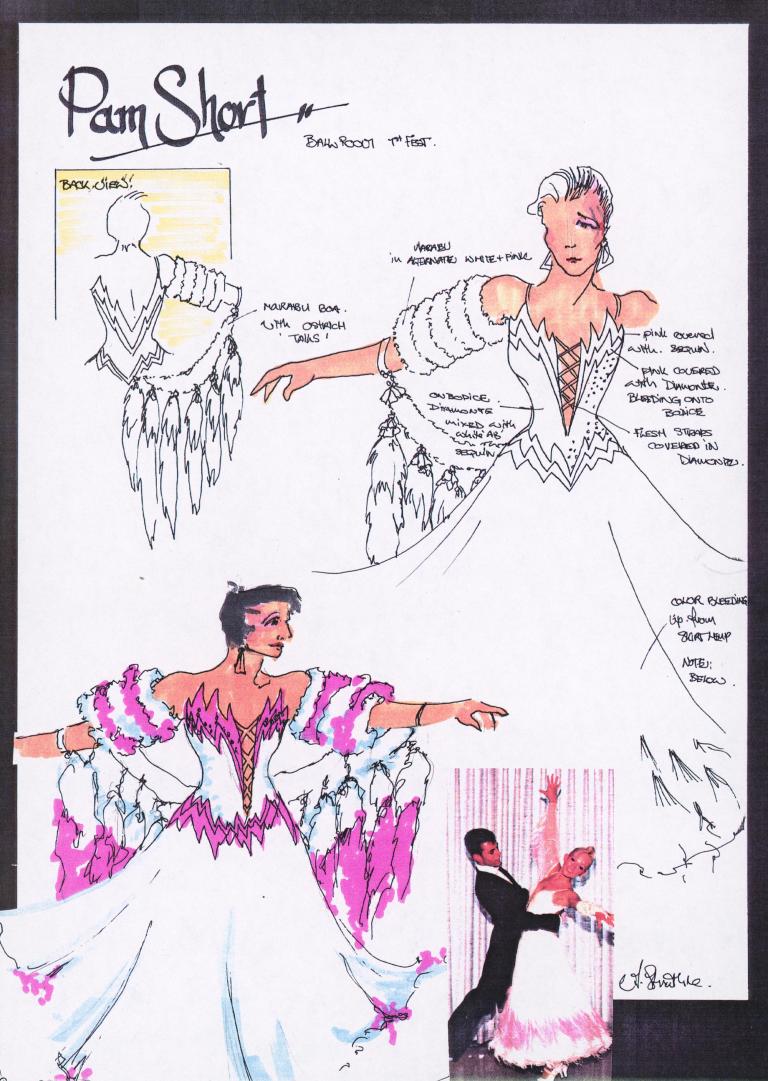 Hand drawn sketch of a women's ballroom dancing gown in a scrapbook alongside a photograph of a couple dancing.