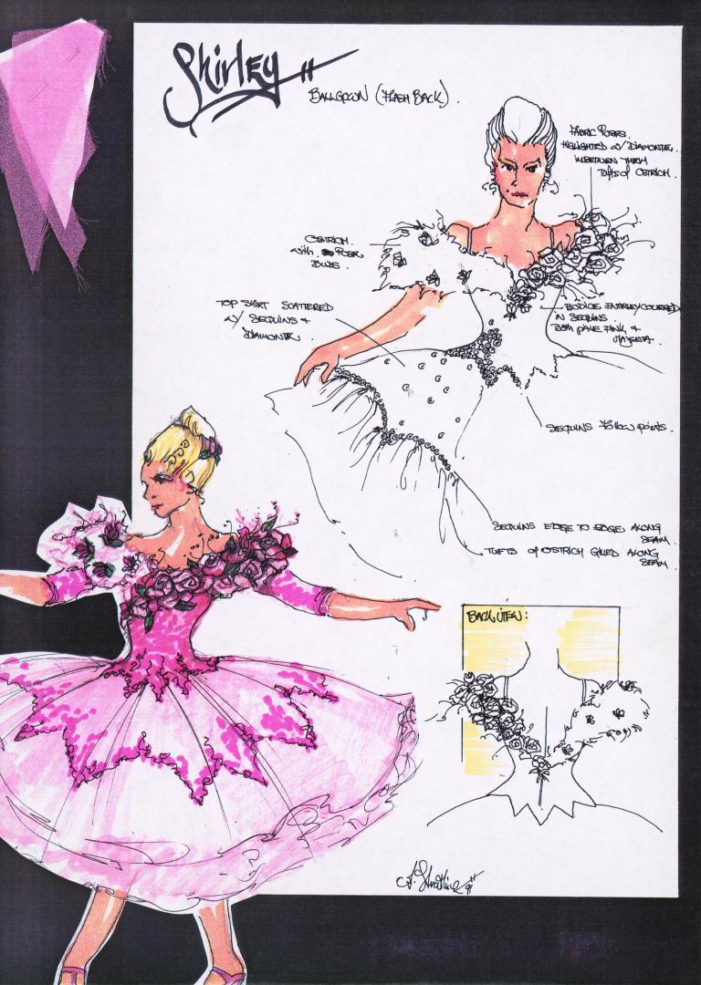 Hand drawn sketch of a women's knee-length pink and black ballroom dancing dress in a scrapbook alongside a swatch of pink fabric.