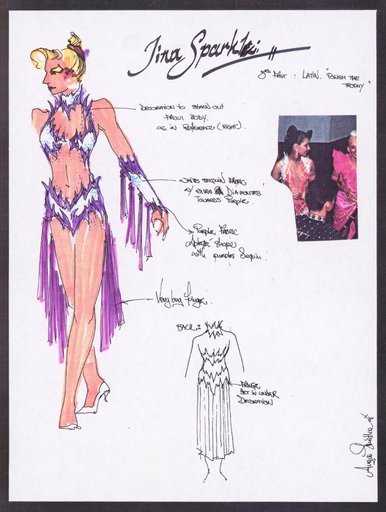 Hand drawn sketch of a woman in a ballroom dancing costume in a scrapbook. The costume consists of a beaded bikini style top in purple and white, with matching choker, wrist coverings and briefs with a long fringe attached to the bottom.