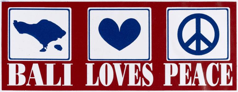 A bumper sticker that says 'Bali loves peace'.