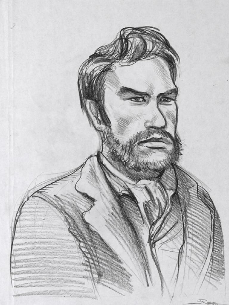Heand and shoulders pencil sketch of Heath Ledger as Ned Kelly