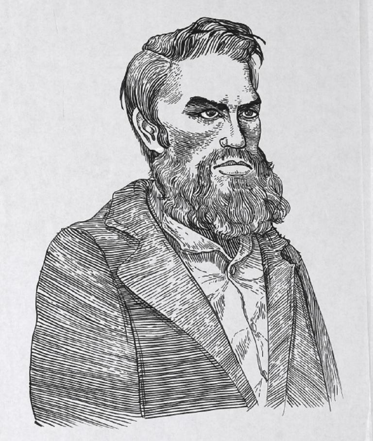 Head and shoulders ink drawing of Heath Ledger as Ned Kelly.