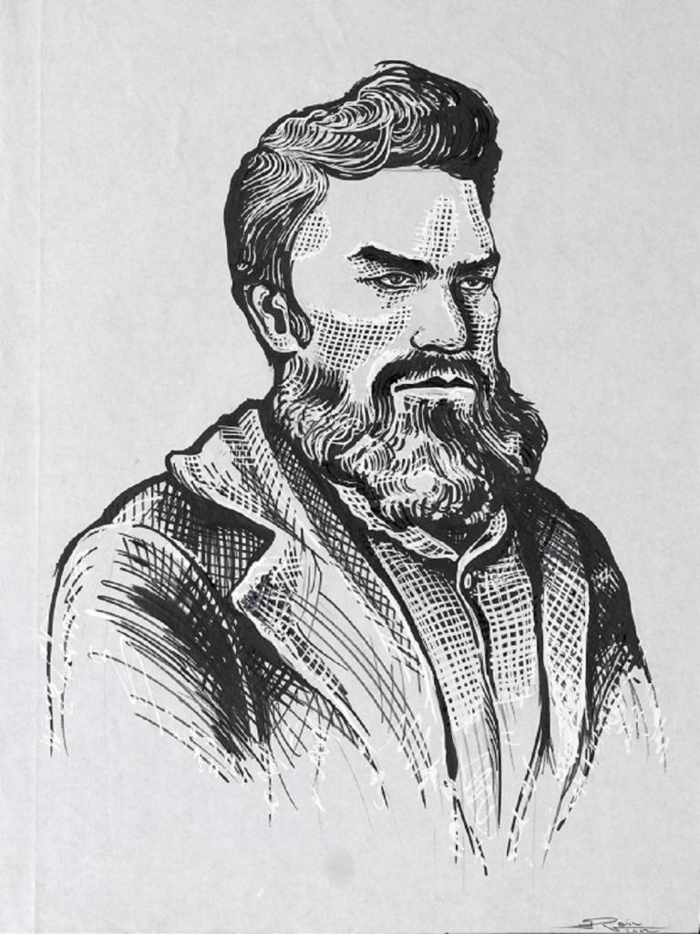 Computer image based on an ink drawing of Heath Ledger as Ned Kelly.